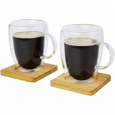 Logotrade Geschäftsgeschenke das Foto: Manti 2-teiliger 350 ml doppelwandiger Glasbecher mit Bambusuntersetzer 