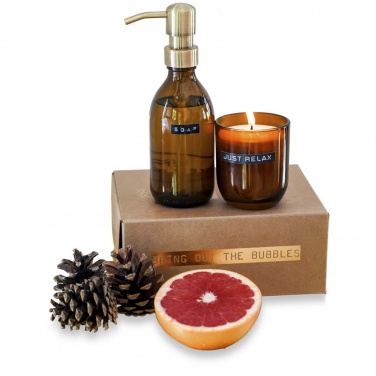Logo trade promotional products image of: Wellmark Discovery 200 ml hand soap dispenser and 150 g scented candle set - bamboo fragrance