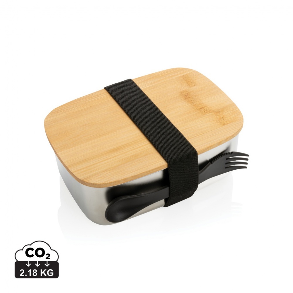 Logo trade promotional products image of: Stainless steel lunchbox with bamboo lid and spork