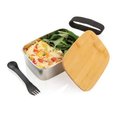 Logotrade advertising product picture of: Stainless steel lunchbox with bamboo lid and spork