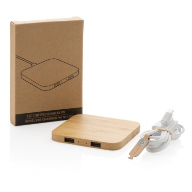 Logo trade promotional items image of: Bamboo 5W wireless charger with USB