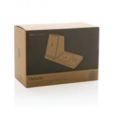Logotrade business gift image of: Ontario recycled plastic & bamboo 3-in-1 wireless charger