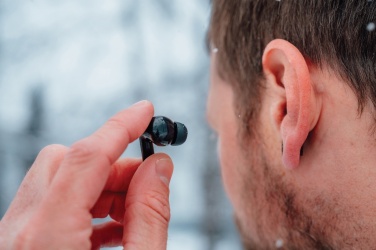 Logo trade corporate gift photo of: Skywave RCS recycled plastic solar earbuds