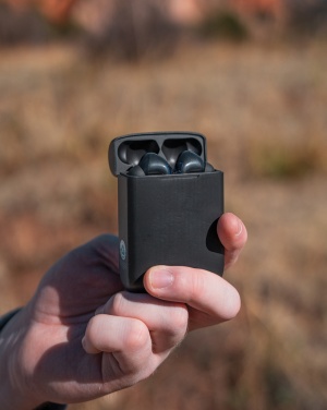 Logotrade promotional items photo of: Skywave RCS recycled plastic solar earbuds