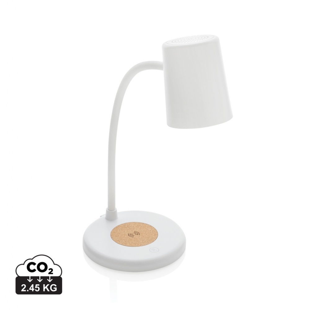 Logo trade advertising product photo of: Zenara RCS recycled plastic and cork 15W wireless desk lamp