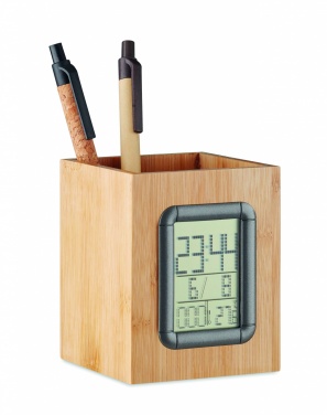 Logo trade advertising products picture of: Bamboo pen holder and LCD clock