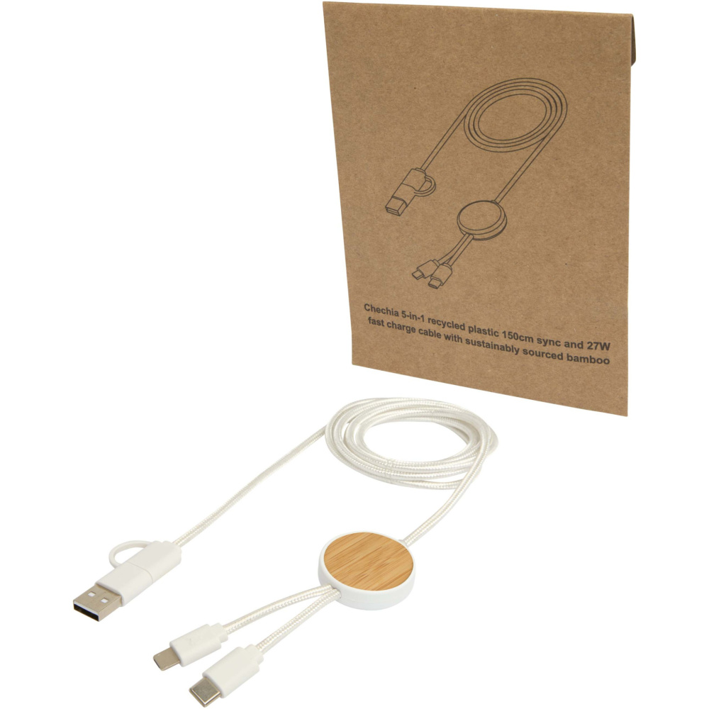Logo trade promotional products image of: Chechia 5-in-1 recycled plastic 150 cm data sync and 27W fast charge cable with bamboo details