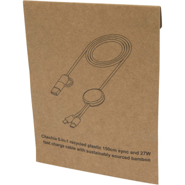 Logo trade business gifts image of: Chechia 5-in-1 recycled plastic 150 cm data sync and 27W fast charge cable with bamboo details