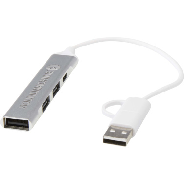 Logo trade promotional merchandise image of: Alkaid 4-port recycled aluminium USB-A and Type-C hub with dual input