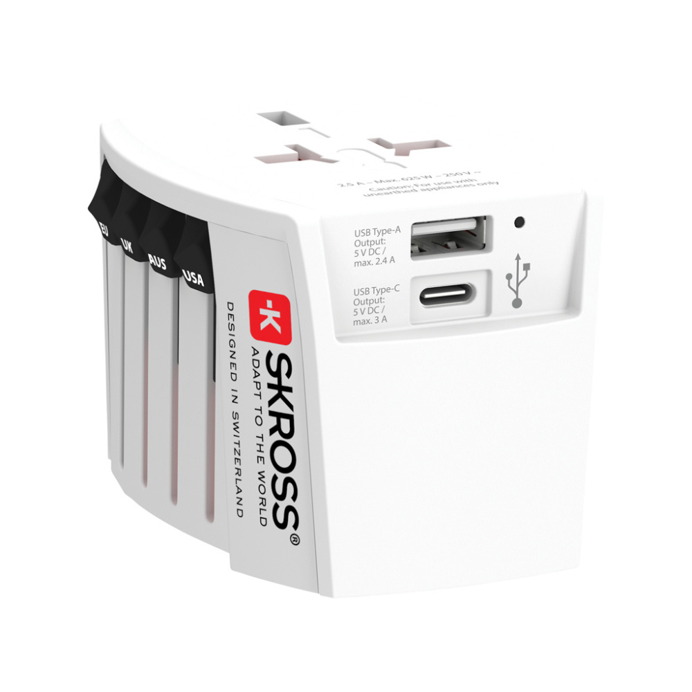 Logo trade reklaamtoote pilt: SKROSS World Travel Adapter MUV 2-pooluseline USB A ja C-ga