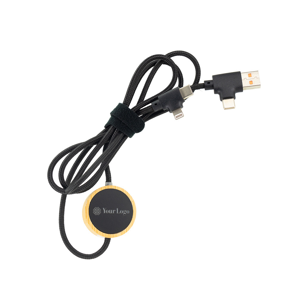 Logotrade mainostuotet kuva: 4in1 pitkä puinen kaapeli, jossa korostettu logo kaiverrukseen