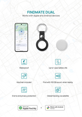 Logo trade mainostuote kuva: Findmate Dual RCS -esinepaikannin, kierrätysmuovia, IPX5