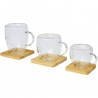 Logotrade kampanjprodukter bild: Manti två stycken 350 ml glaskopp med dubbelvägg och underlägg av bambu 